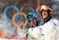 <p>Dalibor Samsal (R) and Marton Kekesi (L) of Hungary talk after making a run during the Men’s Downhill 3rd Training on day one of the PyeongChang 2018 Winter Olympic Games at Jeongseon Alpine Centre on February 10, 2018 in Pyeongchang-gun, South Korea. (Photo by Alexander Hassenstein/Getty Images) </p>