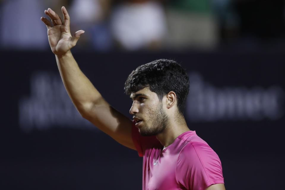 Carlos Alcaraz of Spain celebrates his victory over Fabio Fognini of Italy after a match of the Rio Open Tennis tournament in Rio de Janeiro, Brazil, Thursday, Feb. 23, 2023. (AP Photo/Bruna Prado)