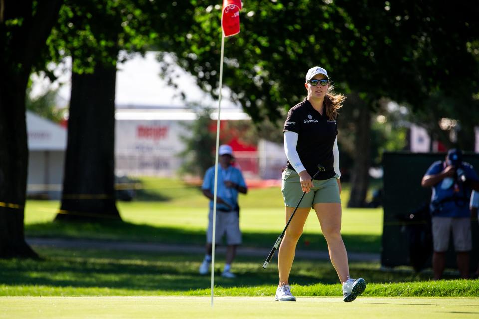 Jennifer Kupcho walks onto the green to finish the first round of the Meijer LPGA Classic Thursday, June 16, 2022, at Blythefield Country Club in Belmont Michigan. 