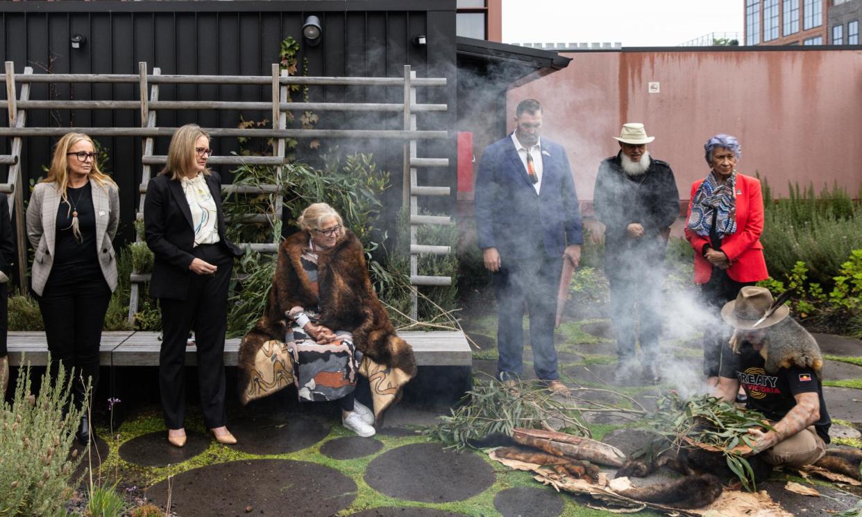 <span>Premier Jacinta Allan (second left) at a smoking ceremony before a hearing of the Yoorrook Justice Commission, which oversees Victoria’s truth-telling process, in Melbourne in April.</span><span>Photograph: Diego Fedele/EPA</span>