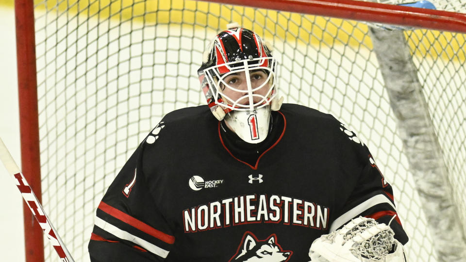 FILE - Northeastern goaltender Devon Levi (1) playsduring an NCAA hockey game against Union on Saturday, Dec. 3, 2022, in Schenectady, N.Y. The Buffalo Sabres signed goalie Devon Levi to a three-year entry level contract on Friday, March 17, 2023, less than a week after the 21-year-old's junior season ended at Northeastern University.(AP Photo/Hans Pennink, File)