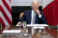 FILE - In this March 1, 2021, file photo President Joe Biden speaks during a virtual meeting with Mexican President Andres Manuel Lopez Obrador, in the Roosevelt Room of the White House in Washington. (AP Photo/Andrew Harnik, File)