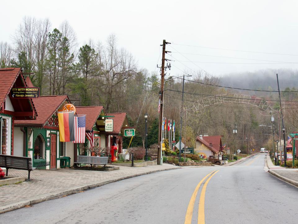 A row of gift shops and a sign that says “Alpine Helen," Alison Datko, "I visited a small mountain town in Georgia, where the German-inspired architecture made me feel transported to Europe."