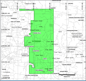 Tenement boundary and major towns in the EL006958