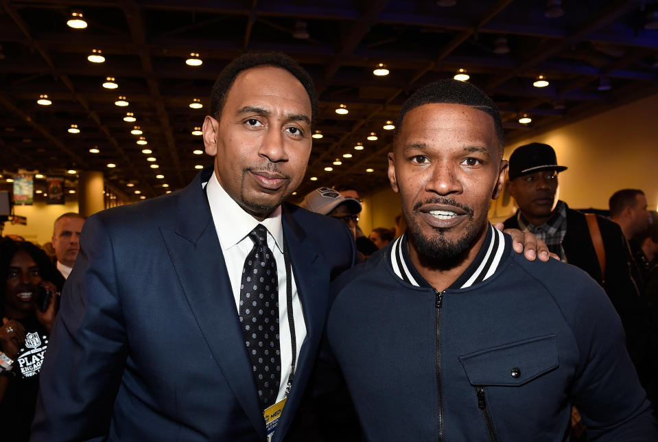 Stephen A. Smith considered <a href="https://www.vibe.com/t/jamie-foxx/" rel="nofollow noopener" target="_blank" data-ylk="slk:Jamie Foxx;elm:context_link;itc:0;sec:content-canvas" class="link ">Jamie Foxx</a> when asked who should play him in a biopic, but ruled against him due to the actor’s commitment to portraying Mike Tyson. (Photo by Kevin Mazur/WireImage)