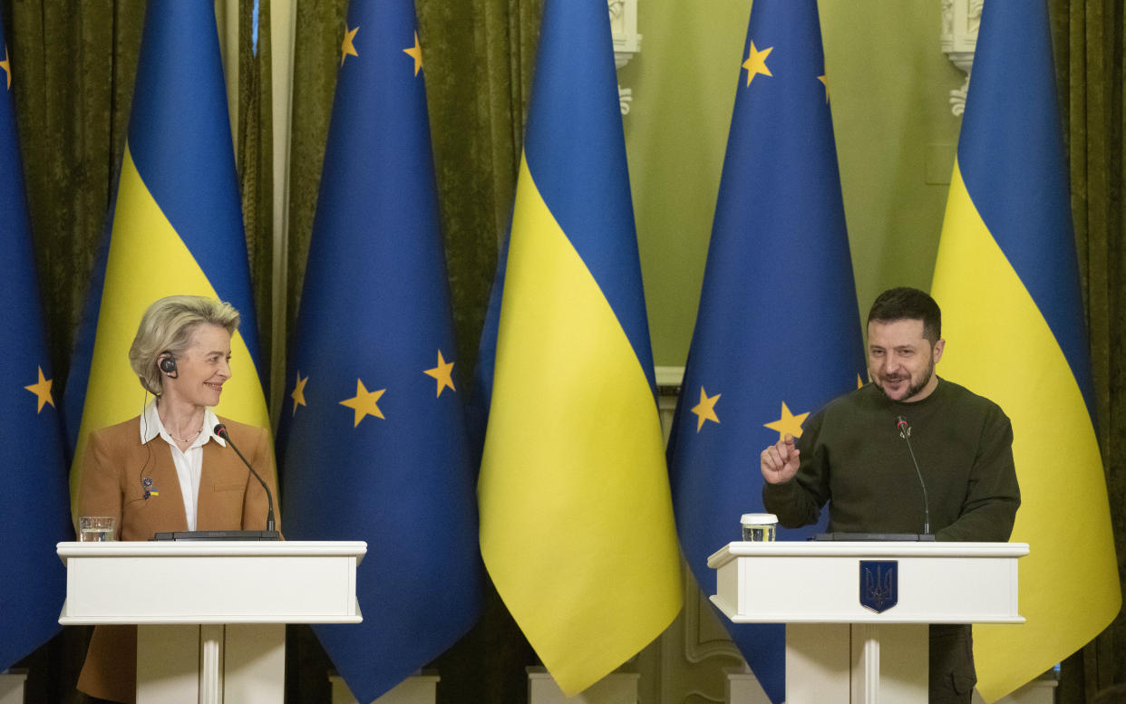 Ukrainian President Volodymyr Zelenskyy, right, and European Commission President Ursula von der Leyen attend the EU-Ukraine summit in Kyiv, Ukraine, Thursday, Feb. 2, 2023. (AP Photo/Efrem Lukatsky)