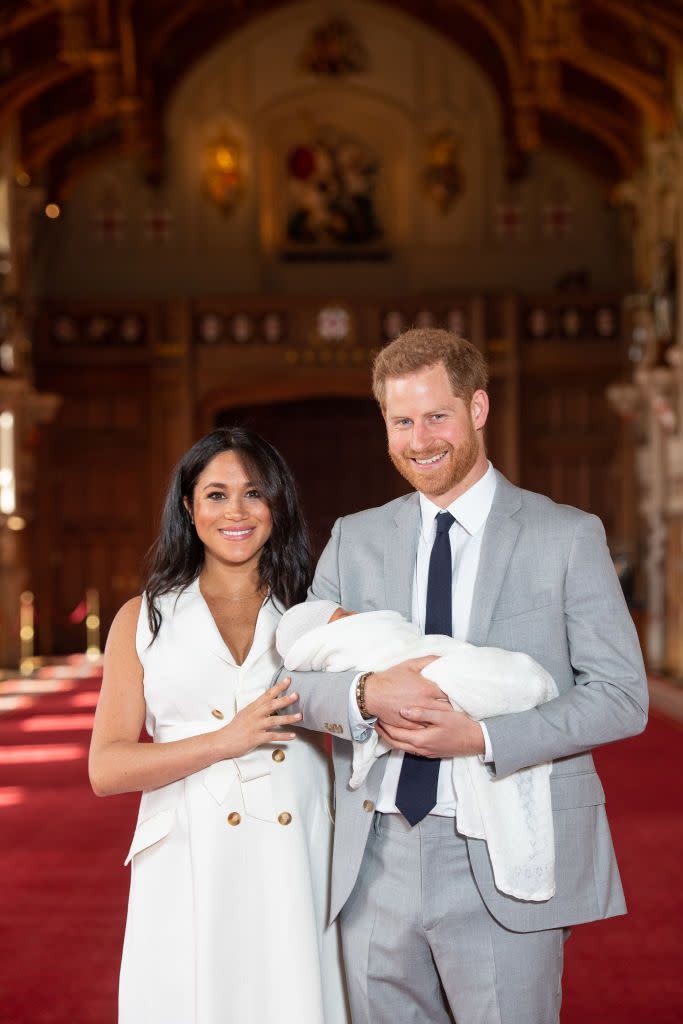 <p>The Duke and Duchess of Sussex smile with their new son, <a href="https://www.harpersbazaar.com/celebrity/latest/a28010209/meghan-markle-prince-harry-nanny-archie/" rel="nofollow noopener" target="_blank" data-ylk="slk:Archie Harrison Mountbatten-Windsor;elm:context_link;itc:0;sec:content-canvas" class="link ">Archie Harrison Mountbatten-Windsor</a>. </p>