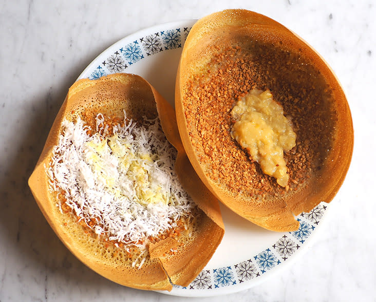 There's a 'ban chean kuih' or crispy crepe stall that sells pancakes with various toppings like peanuts, sweet corn or grated coconut.