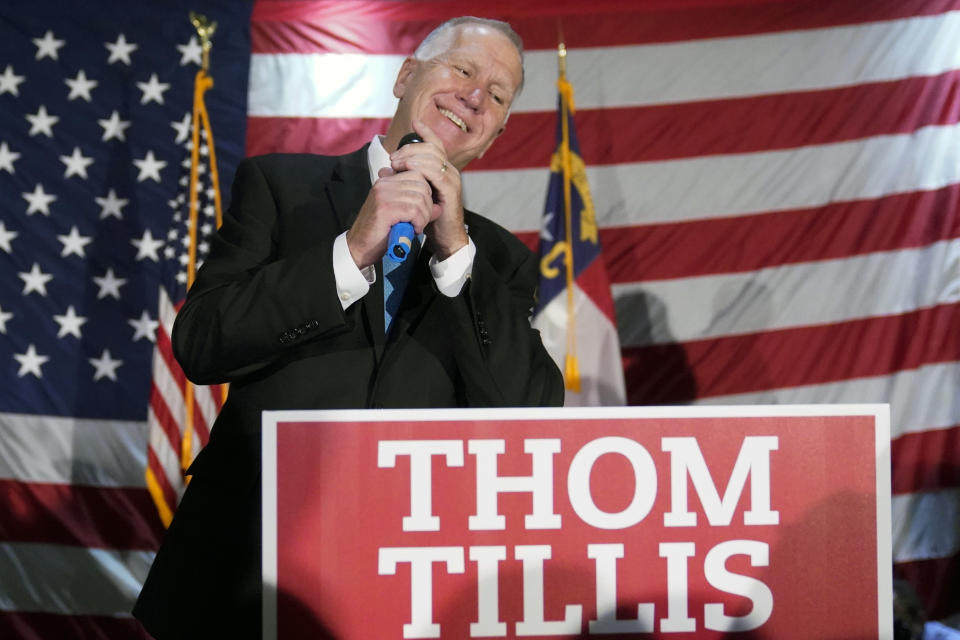 Sen. Thom Tillis, R-N.C., speaks to supporters at a election night rally Tuesday, Nov. 3, 2020, in Mooresville, N.C. (AP Photo/Chris Carlson)