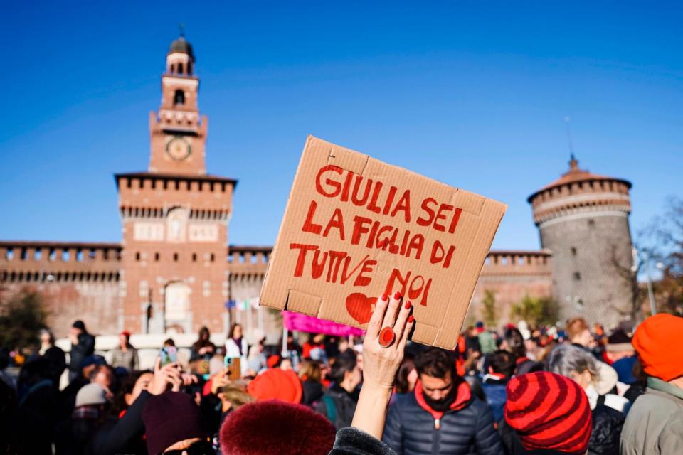 PHOTO: Protesters are attending the demonstration and participating in the minute of noise against violence on women following the femicide of Giulia Cecchettin in Piazza Castello on Nov. 25, 2023, in Milan. (Alessandro Bremec/AP)