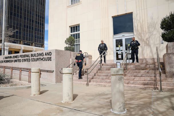 PHOTO: Homeland Security officers secure the scene on Wednesday, March 14, 2023, in Amarillo, Texas, where a federal judge is expected to hear arguments in a lawsuit that takes aim at medication abortions. (David Erickson/AP)