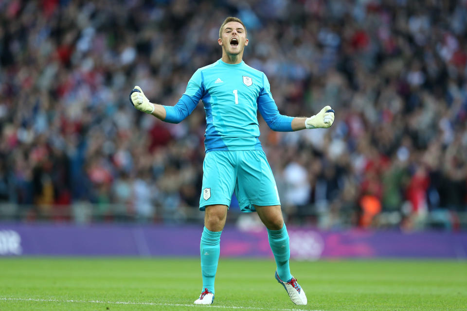 LONDON, ENGLAND - JULY 29: Jack Butland of Great Britain celebrates a goal during the Men's Football first round Group A Match between Great Britain and United Arab Emirates on Day 2 of the London 2012 Olympic Games at Wembley Stadium on July 29, 2012 in London, England. (Photo by Julian Finney/Getty Images)