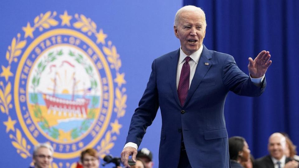 PHOTO: U.S. President Joe Biden gestures after delivering remarks on lowering costs for American families during a visit to Goffstown, N.H., March 11, 2024. (Kevin Lamarque/Reuters)