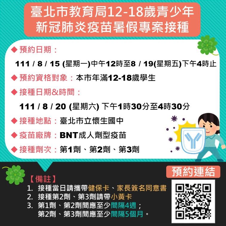 北市5-11歲新冠肺炎疫苗暑期專案接種共計7047人完成，接種率近8成，此外，8／20將再於懷生國中開設青少年中型接種站。（北市教育局提供）