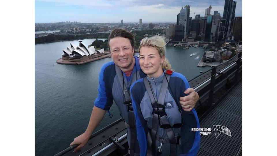 Jamie Oliver and Poppy climbing the Sydney Harbour bridge