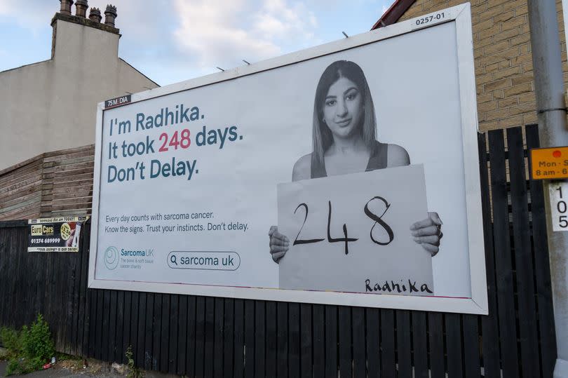 Radhika on a billboard in Bradford for Sarcoma UK