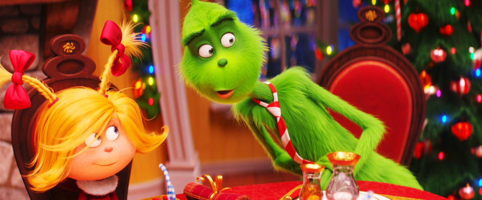 Cindy-Lou Who (voiced by Cameron Seely) and the Grinch (voiced by Benedict Cumberbatch) in <em>Dr. Seuss’ The Grinch</em>. (Photo: Universal Pictures/Everett Collection)