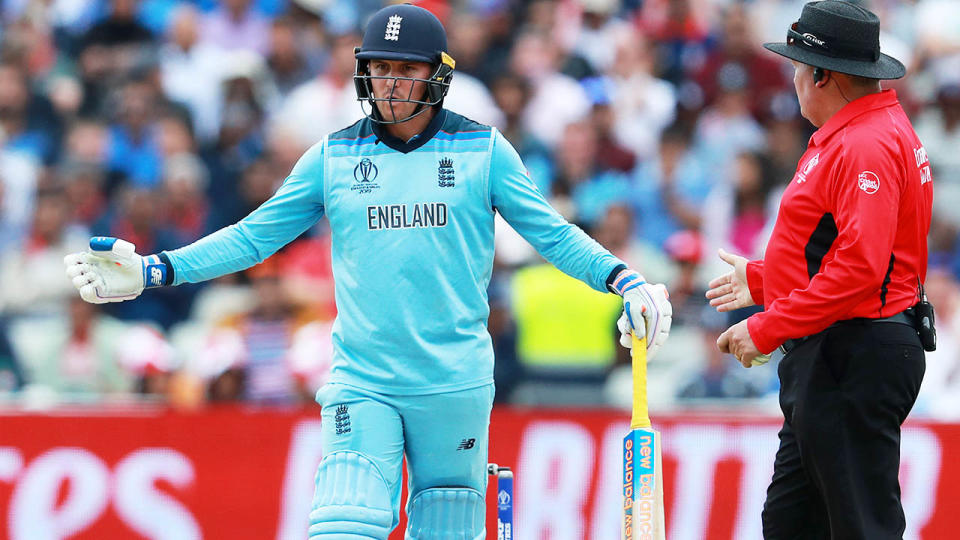 Jason Roy blew up at umpires after wrongly being given out. (Photo by David Rogers/Getty Images)