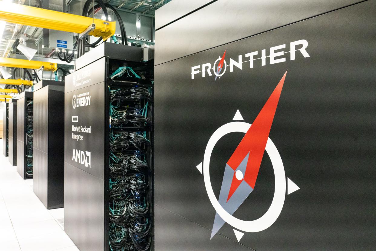 Frontier's 74 cabinets each weigh 8,000 pounds and sit in a climate controlled center on the Oak Ridge National Laboratory campus.