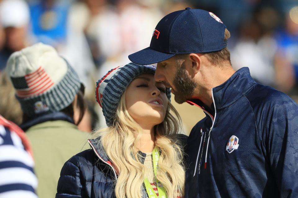 PARIS, FRANCE - SEPTEMBER 29:  Dustin Johnson of the United States and partner Paulina Gretzky during the morning fourball matches of the 2018 Ryder Cup at Le Golf National on September 29, 2018 in Paris, France.  (Photo by Mike Ehrmann/Getty Images)