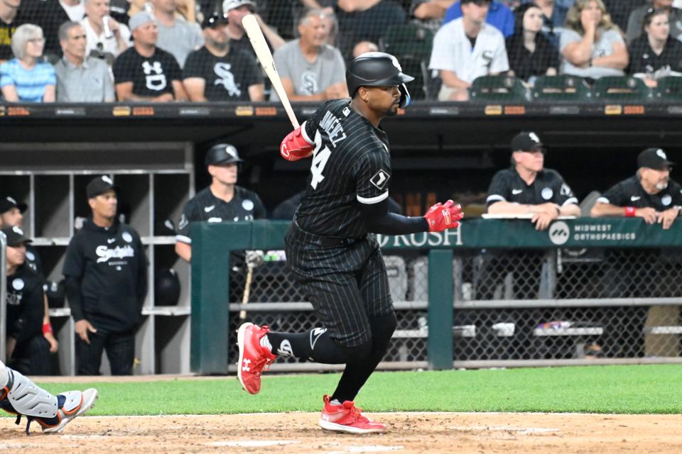 Chicago White Sox designated hitter Eloy Jimenez (74) hits an RBI single against the Detroit Tigers during the sixth inning at Guaranteed Rate Field in Chicago on Friday, June 2, 2023.