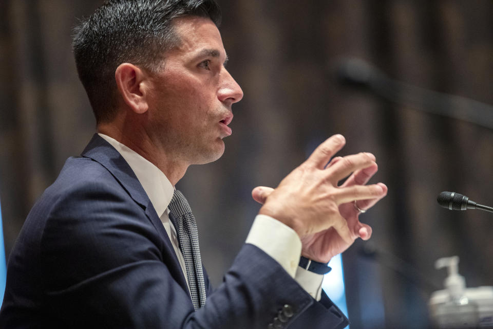 Acting Secretary of Homeland Security Chad Wolf testifies before the Senate Homeland Security and Governmental Affairs committee during his confirmation hearing, Wednesday, Sept. 23, 2020 on Captiol Hill in Washington. (Shawn Thew/Pool via AP)