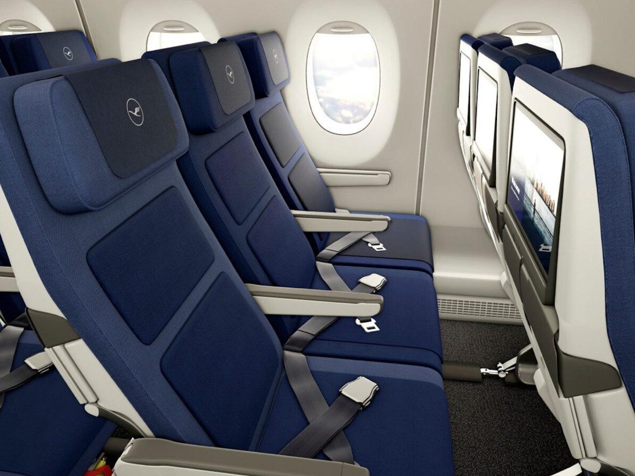 Lufthansa Allegris blue economy seat.