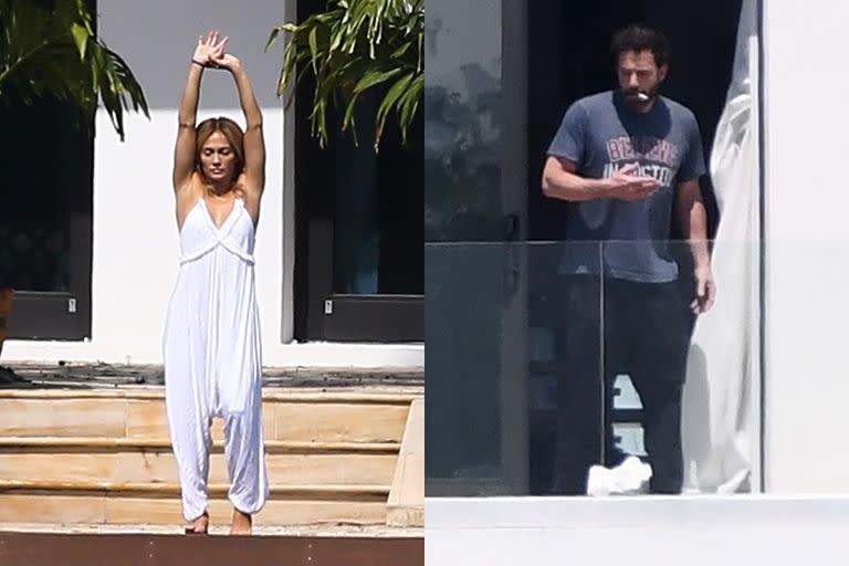 Jennifer Lopez luce etérea vestida de blanco mientras Ben Affleck fuma un cigarrillo mientras la pareja se relaja en la lujosa mansión de Miami Beach