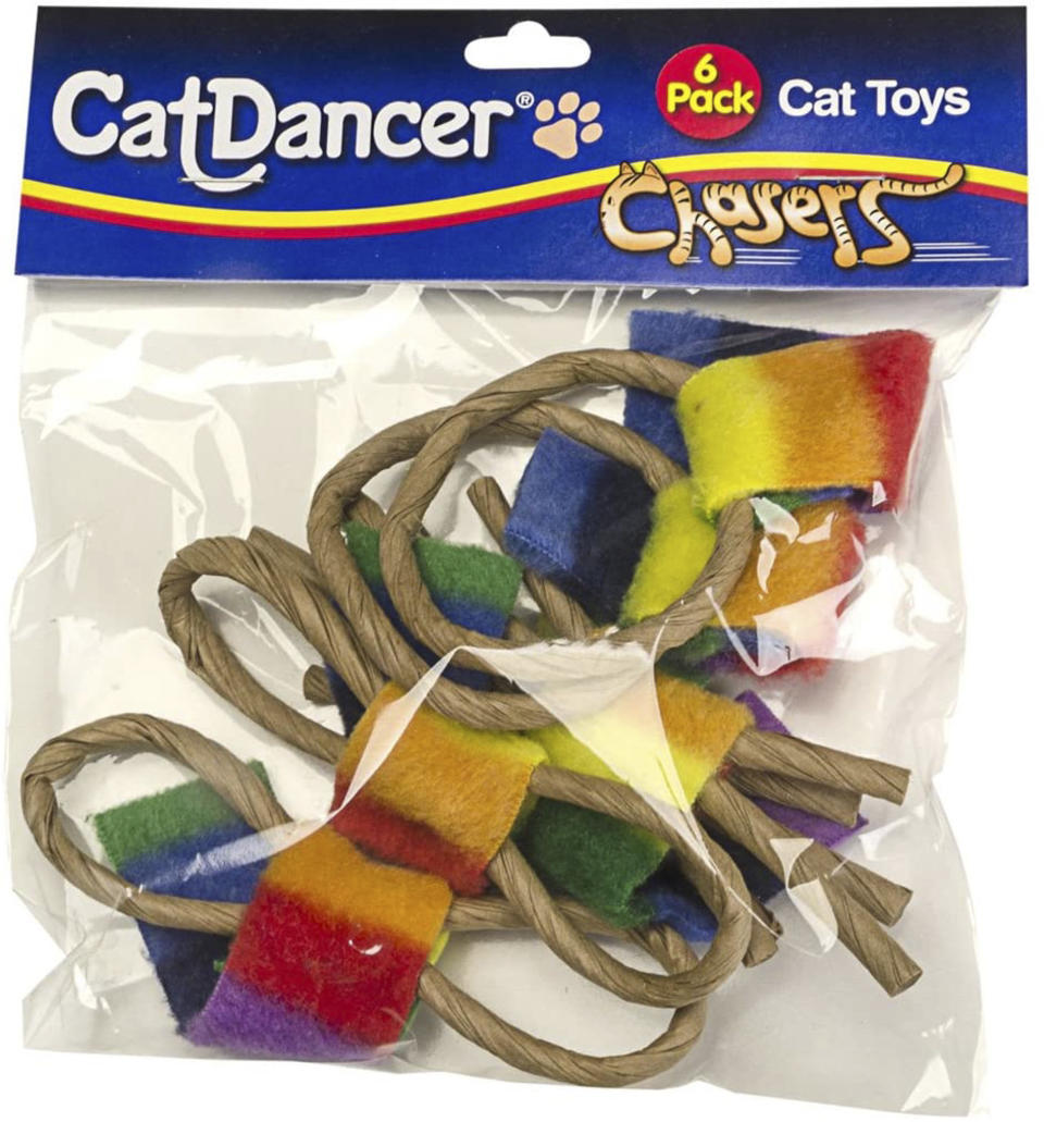 <p>These toys will have playful felines on their paws and waltzing around the room. </p> <p><strong>Buy it!</strong> Cat Dancer Chasers, $6.99; <a href="https://www.amazon.com/CAT-DANCER-Chaser-6-Pack/dp/B06XN5H199?&linkCode=ll1&tag=poamzhgiftsforcatstocelebratenationalcatdaykbender1021-20&linkId=9db8addb2ff0ee05dc05e1de781cf883&language=en_US&ref_=as_li_ss_tl" rel="nofollow noopener" target="_blank" data-ylk="slk:Amazon.com;elm:context_link;itc:0;sec:content-canvas" class="link ">Amazon.com</a></p>