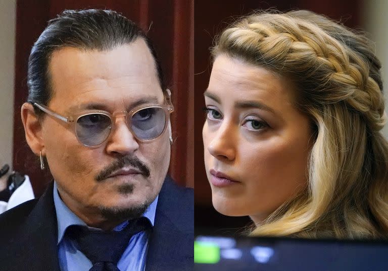 Johnny Depp y Amber Heard durante la presentación de argumentos finales del juicio de la demanda por difamación de  (Foto AP/Steve Helber, Pool)