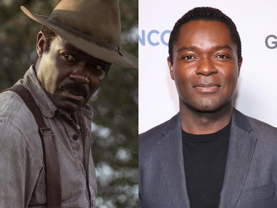 David Oyelowo on "Lawmen: Bass Reeves," left; right, in 2023.