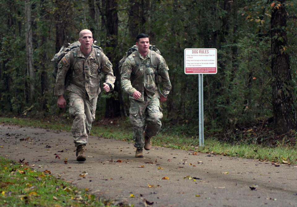 Active duty soldiers of the177th Armored Brigade of Camp Shelby and community members participate in the second annual 10k Food Drive Ruck March on Wednesday, November 14, 2018. Soldiers and community members ran and walked a 10k on the Longleaf Trace to drop off donated food items to Edwards Street Mission before the holiday season. A collection of 2,676.3 pounds of food was donated. 