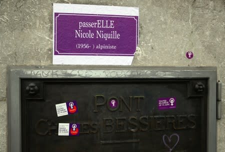 A sticker renaming the Charles Bessieres bridge "Passerelle Nicole Niquille" is pictured during a women's strike in Lausanne