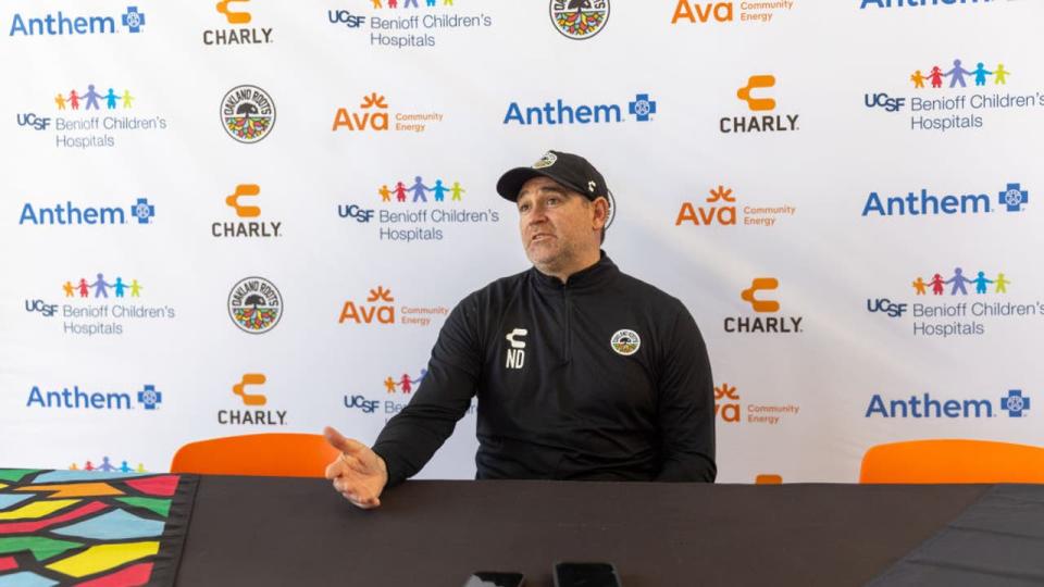 <div>ALAMEDA, CA - FEBRUARY 8: Oakland Roots head coach Noah Delgado talks with the media on media day at the former Oakland Raiders training facility on February 8, 2024 in Alameda, California. (Photo by Doug Zimmerman/ISI Photos/Getty Images)</div>