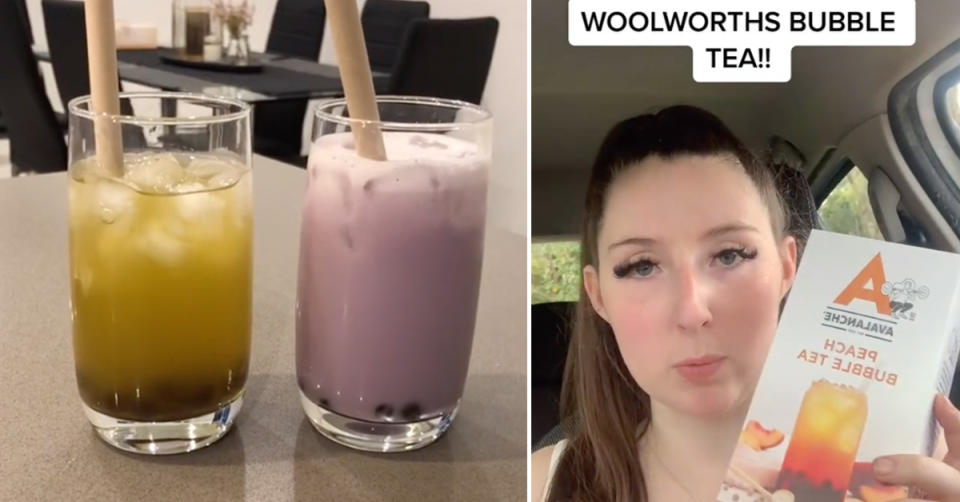 A side by side image of two cups of bubble tea and TikTok user @char.mac98 holding a peach flavour Avalanche bubble tea kit from Woolworths