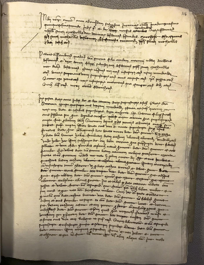 This picture made available on Wednesday, March 15, 2023, by historian Carlo Vecce shows what Vecce says is the original act of liberation of the slave Caterina, who he believes is the mother of Leonardo da Vinci and notarized by Leonardo's father Piero da Vinci. Vecce says he found it in the State Archives in Florence as described in his latest novel 'Caterina's smile'. (Carlo Vecce via AP)