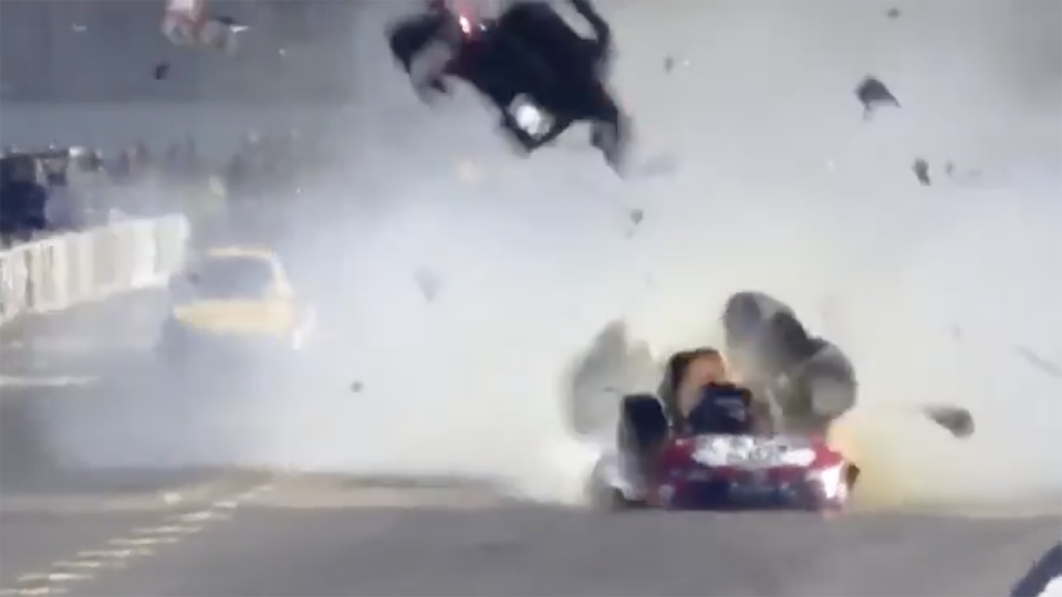 A screenshot shows the moment the engine in Alexis DeJoria's funny car blew up.