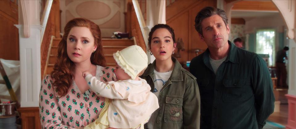 (L-R): Amy Adams as Giselle, Sofia (played by Mila & Lara Jackson),  Gabriella Baldacchino as Morgan Philip, and Patrick Dempsey as Robert Philip in Disney's live-action DISENCHANTED, exclusively on Disney+. Courtesy of Disney Enterprises; Inc. © 2022 Disney Enterprises, Inc. All Rights Reserved.