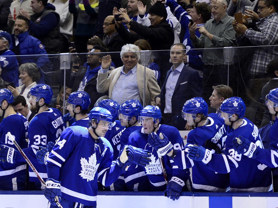 Toronto Maple Leafs center Auston Matthews (34) is congratulated for his goal against the New Jersey Devils during the third period of an NHL hockey game Tuesday, Jan. 14, 2020, in Toronto. (Frank Gunn/The Canadian Press via AP)