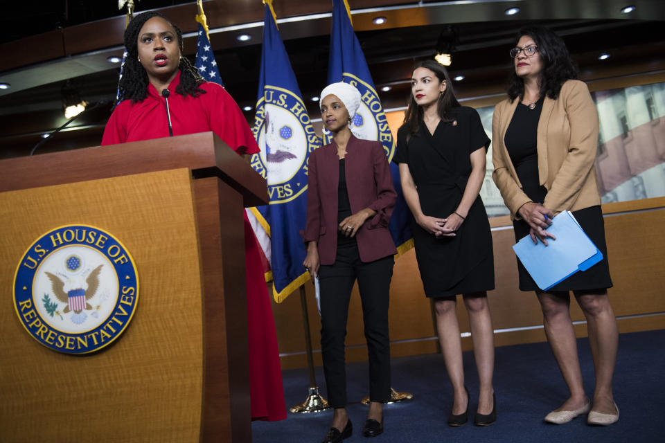 UNITED STATES - JULY 15: From left, Reps. Ayanna Pressley, D-Mass., Ilhan Omar, D-Minn., Alexandria Ocasio-Cortez, D-N.Y., and Rashida Tlaib, D-Mich., conduct a news conference in the Capitol Visitor Center responding to negative comments by President Trump that were directed at the freshmen House Democrats on Monday, July 15, 2019. (Photo By Tom Williams/CQ Roll Call)