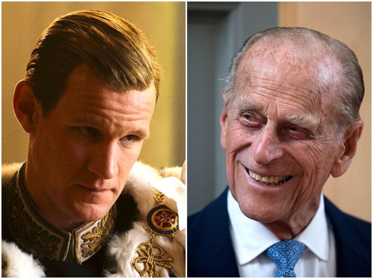 Matt Smith as Prince Philip in The Crown, and the real Prince Philip (Netflix/Matt Dunham/Getty)