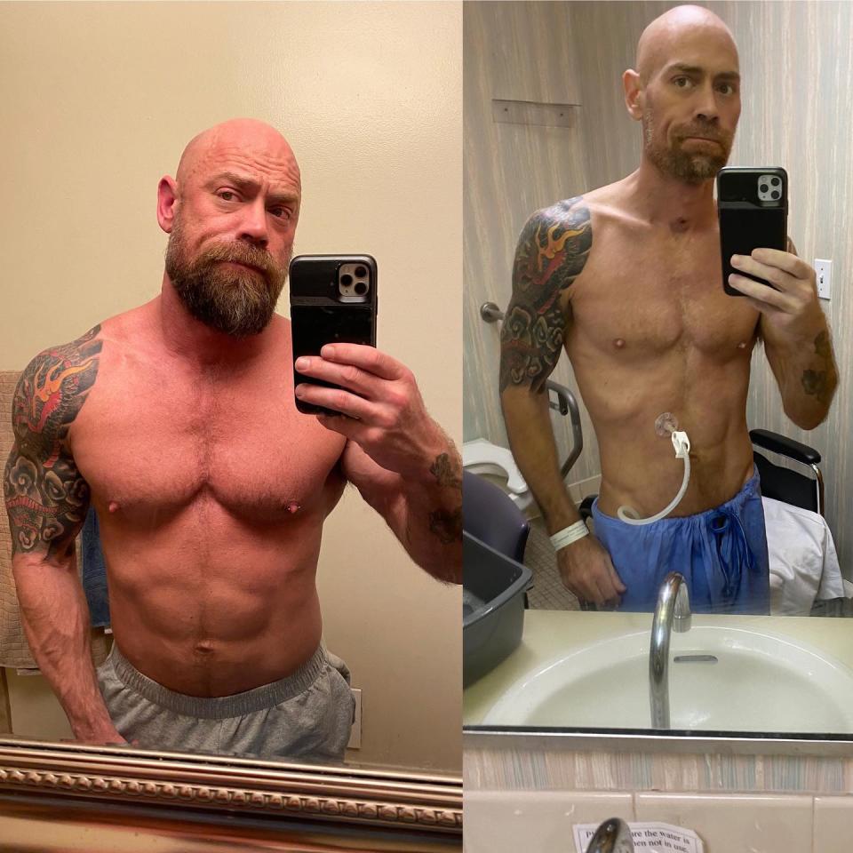 Mike Shultz shared before and after shots taken in the mirror. 