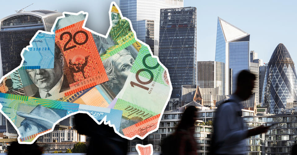 Composite image of map of Australia filled with money and a city skyline to symbolise the economy..