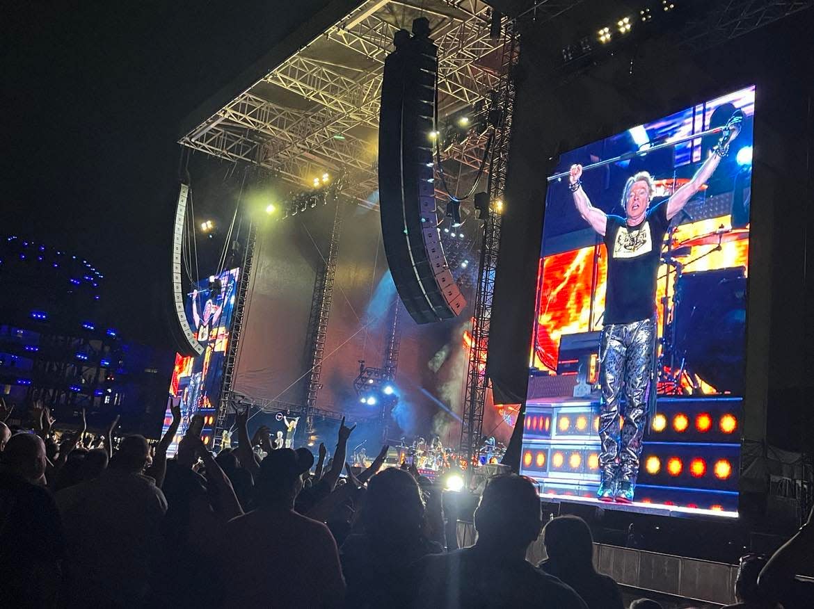 Guns N' Roses performed on Friday at PNC Park in Pittsburgh. Shown on the video screen is band co-founder and lead singer Axl Rose.