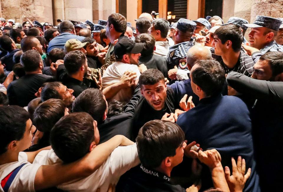 PHOTO: Demonstrators clash with police at the Armenia government building to protest against Prime Minister Nikol Pashinyan, Sept. 19, 2023, in Yerevan, Armenia. (Vahram Baghdasaryan/AP)