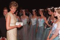 <p>Princess Diana meeting with members of the Bolshoi Ballet during her visit to Moscow in 1995.</p>