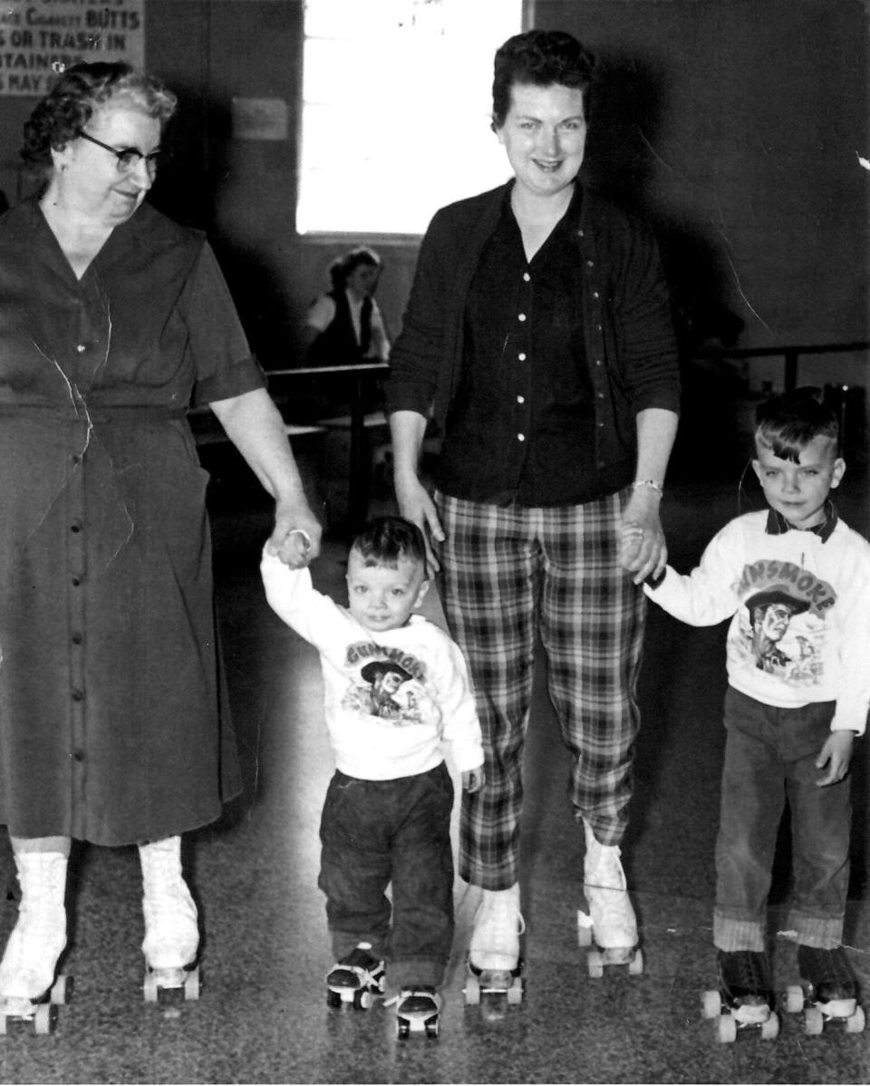 Three generation of skaters, Frances, left, John, Gladys and Tim Berns pose for a photo at Dixie Skateland shortly after it opened on December 20, 1958. The boys are wearing "Gunsmoke" T-shirts in honor of the popular Western television series of that era.