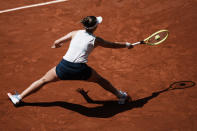 Czech Republic's Barbora Krejcikova returns the ball to United States's Coco Gauff during their quarterfinal match of the French Open tennis tournament at the Roland Garros stadium Wednesday, June 9, 2021 in Paris. (AP Photo/Thibault Camus)