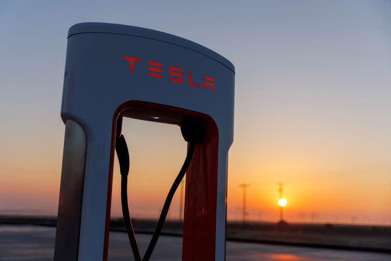 FILE PHOTO: A Tesla supercharging station in California