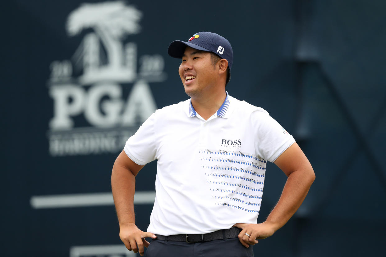 Byeong Hun An of South Korea smiles after making a hole-in-one on No. 11th during the final round of the 2020 PGA Championship at TPC Harding Park in San Francisco. (Jamie Squire/Getty Images)